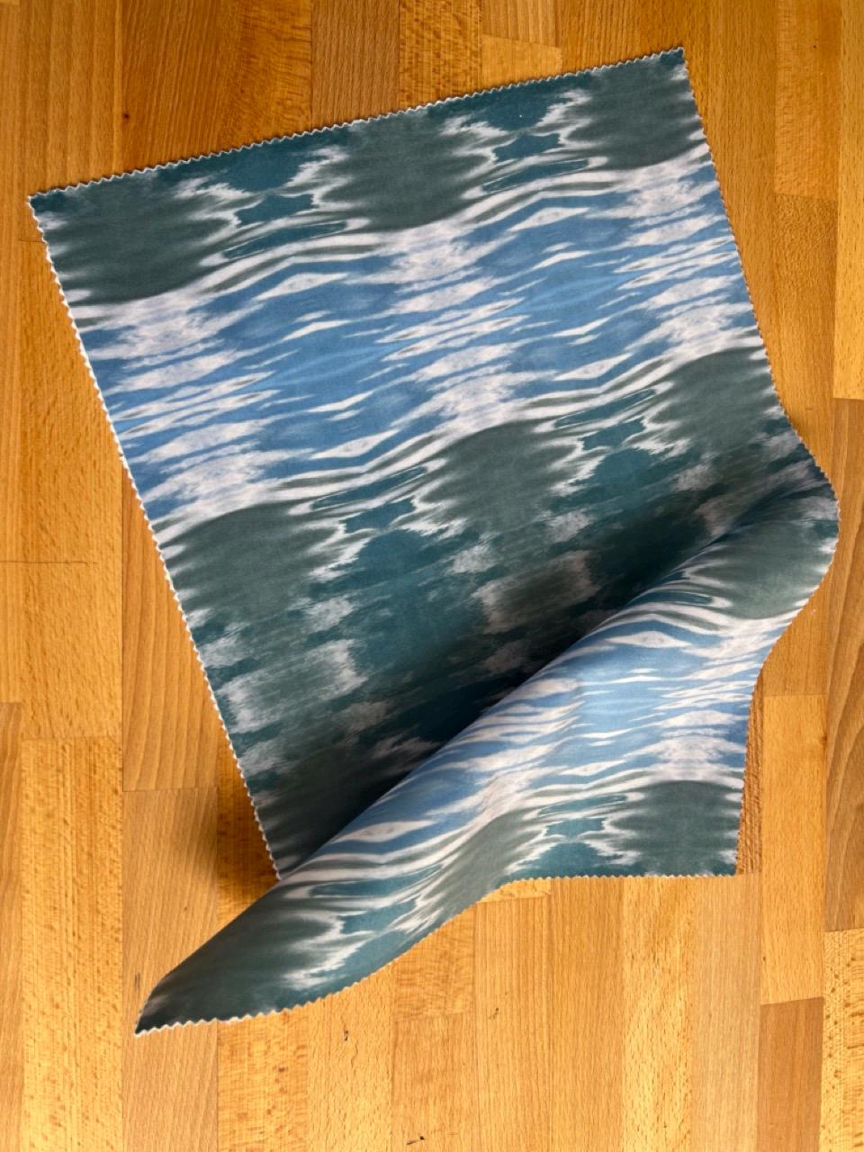 Abstract water velvet fabric, soft blue water textile. Neutral designer fabric, contemporary luxury material for home decor. Curtaining.